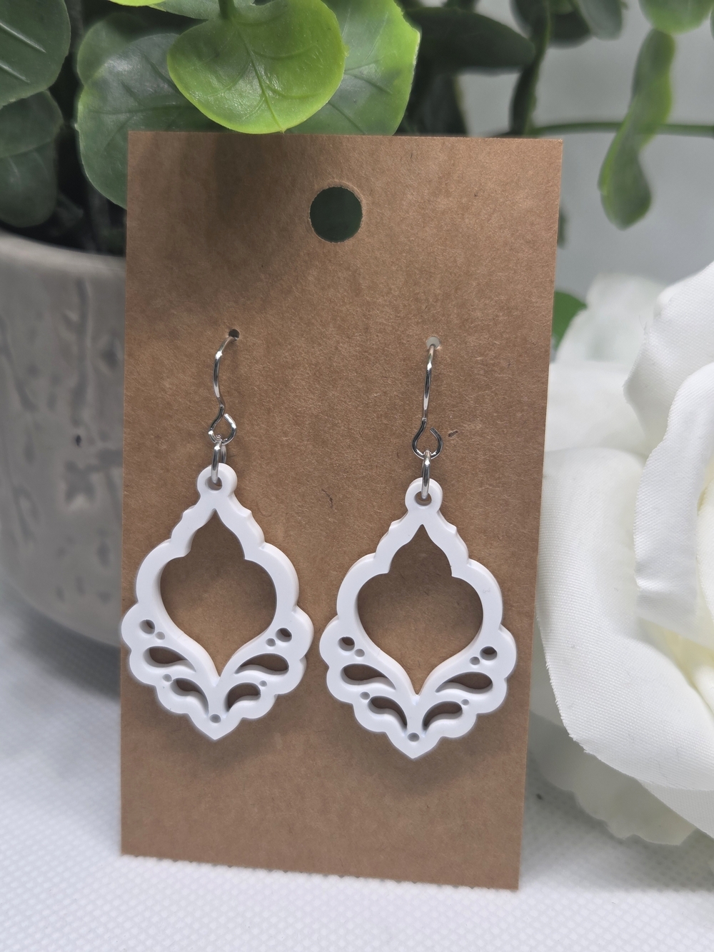 Dainty White Filigree Drop Earrings
